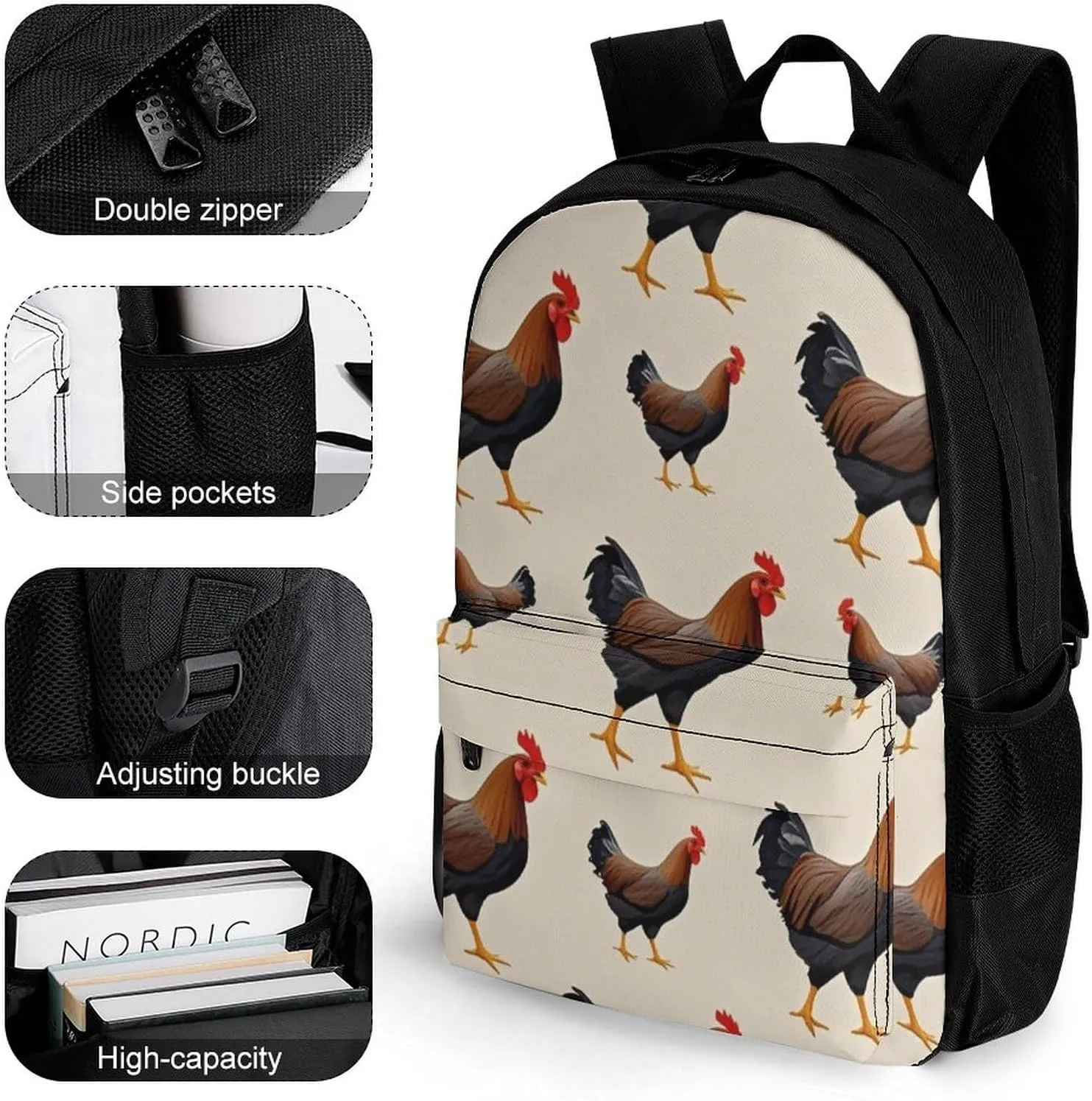 Supdreamc Men Women Polyester Chicken Rooster Art Daypack Big Capacity Shoulder Bag With Adjustable Shoulder Straps for Camping Travel Walking Cycling