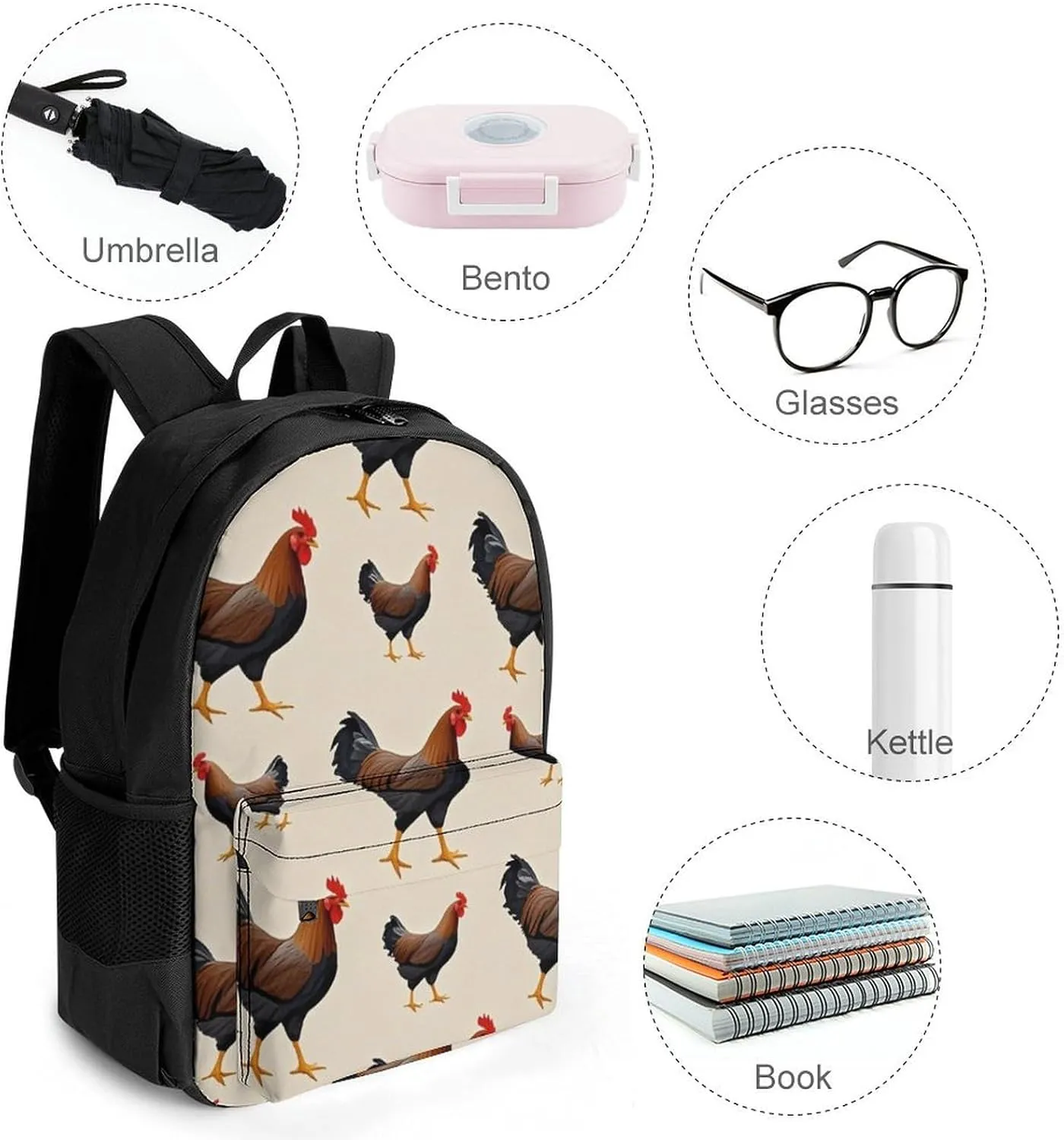 Supdreamc Men Women Polyester Chicken Rooster Art Daypack Big Capacity Shoulder Bag With Adjustable Shoulder Straps for Camping Travel Walking Cycling