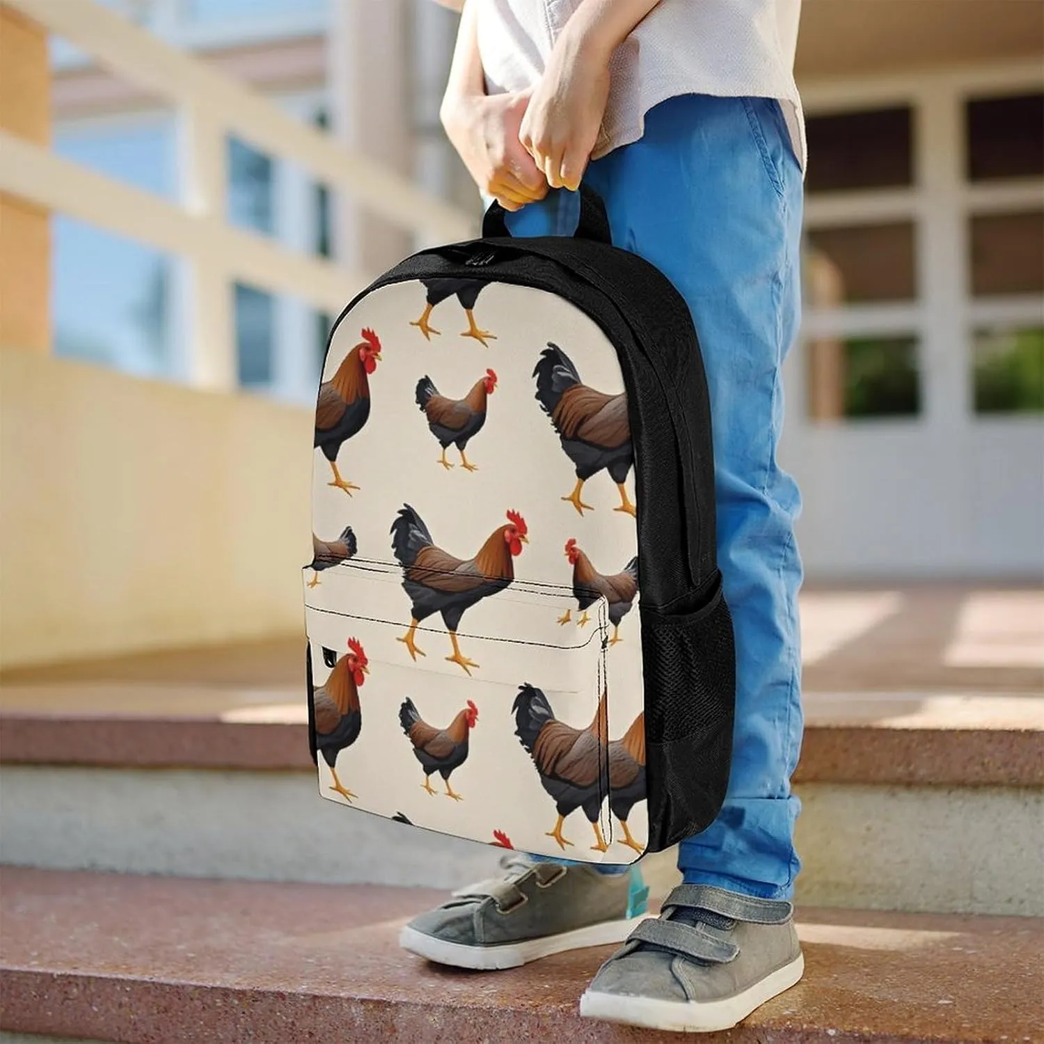 Supdreamc Men Women Polyester Chicken Rooster Art Daypack Big Capacity Shoulder Bag With Adjustable Shoulder Straps for Camping Travel Walking Cycling