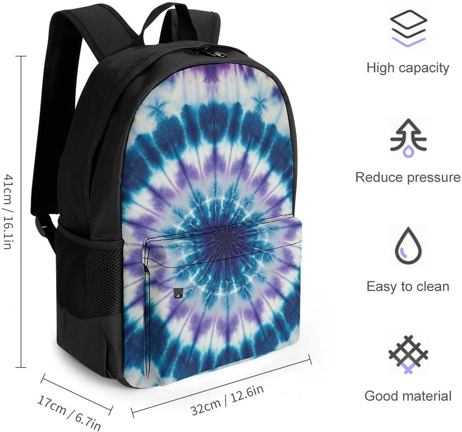 Supdreamc Men Women Polyester Tie Dye Art Daypack Big Capacity Shoulder Bag With Adjustable Shoulder Straps for Camping Travel Walking Cycling