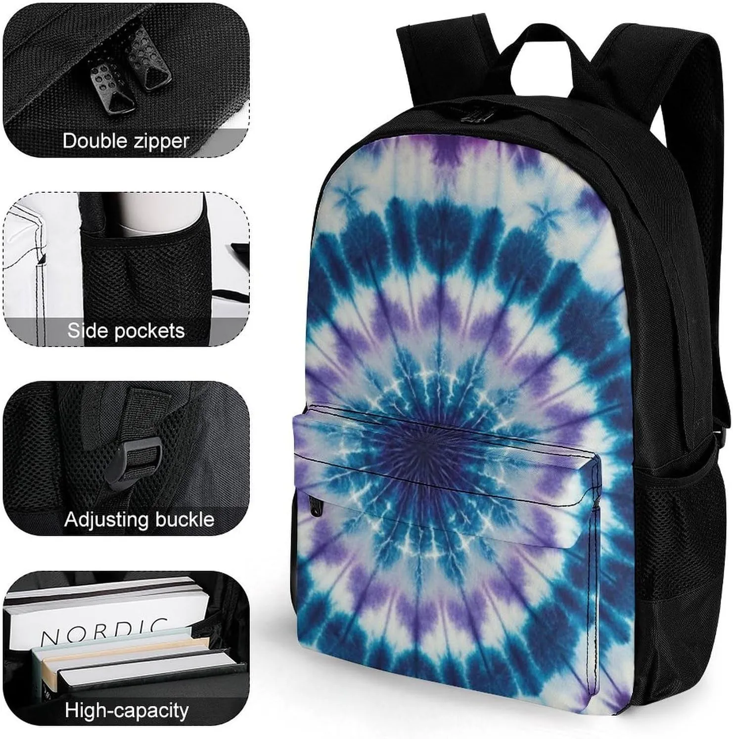 Supdreamc Men Women Polyester Tie Dye Art Daypack Big Capacity Shoulder Bag With Adjustable Shoulder Straps for Camping Travel Walking Cycling