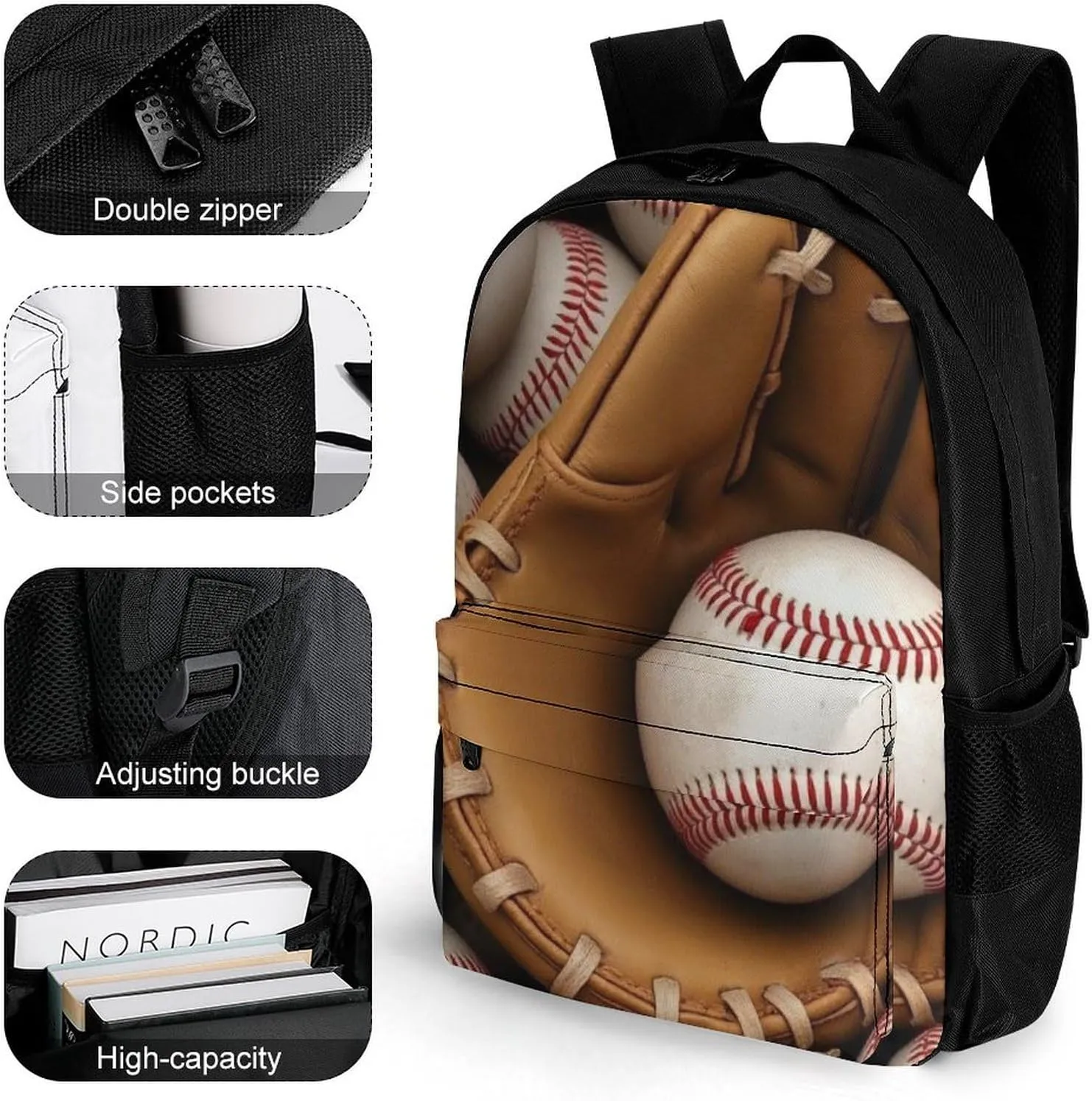 Supdreamc Polyester Daypack Backpack for Trekking Picnic Walking Cycling - Large Capacity Anti-Theft Multipurpose Shoulder Bag, Baseballs Casual Daypack