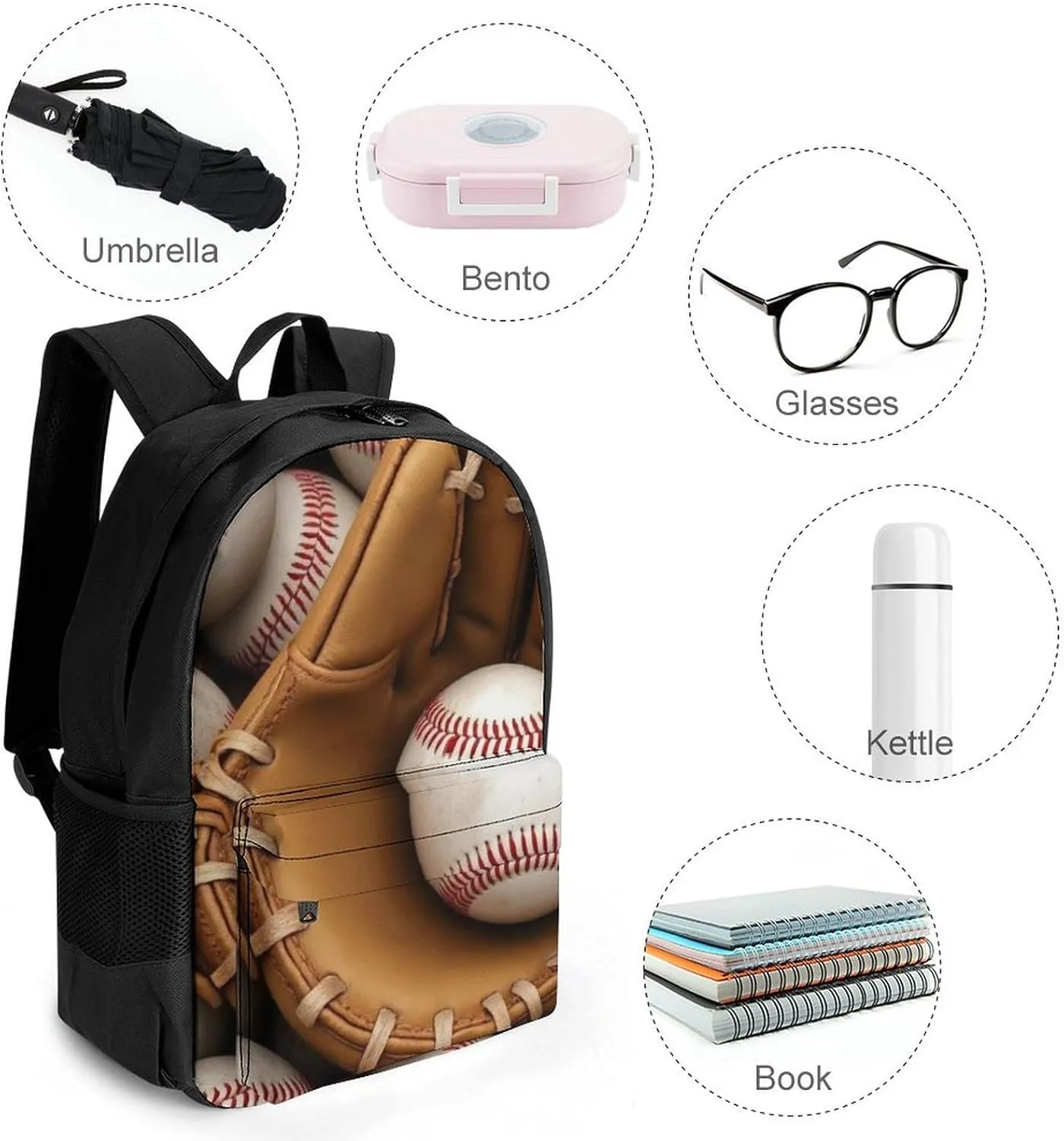 Supdreamc Polyester Daypack Backpack for Trekking Picnic Walking Cycling - Large Capacity Anti-Theft Multipurpose Shoulder Bag, Baseballs Casual Daypack