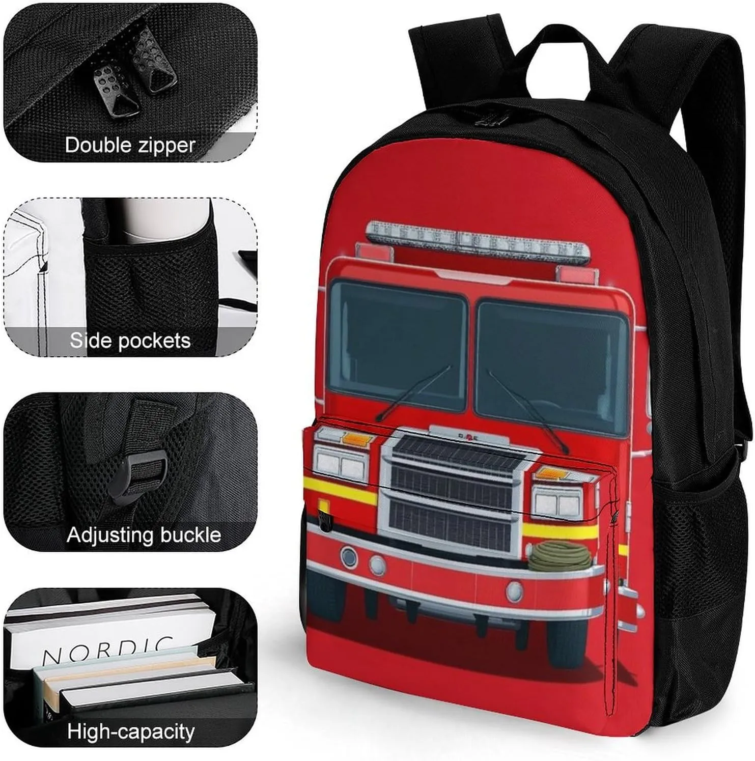 Supdreamc Polyester Daypack Bookbag for Gym Business Bicycle - Large Capacity Multipurpose Anti-Theft Carry On Bag, Cute Red Fire Truck Print Travel Hiking Daypack