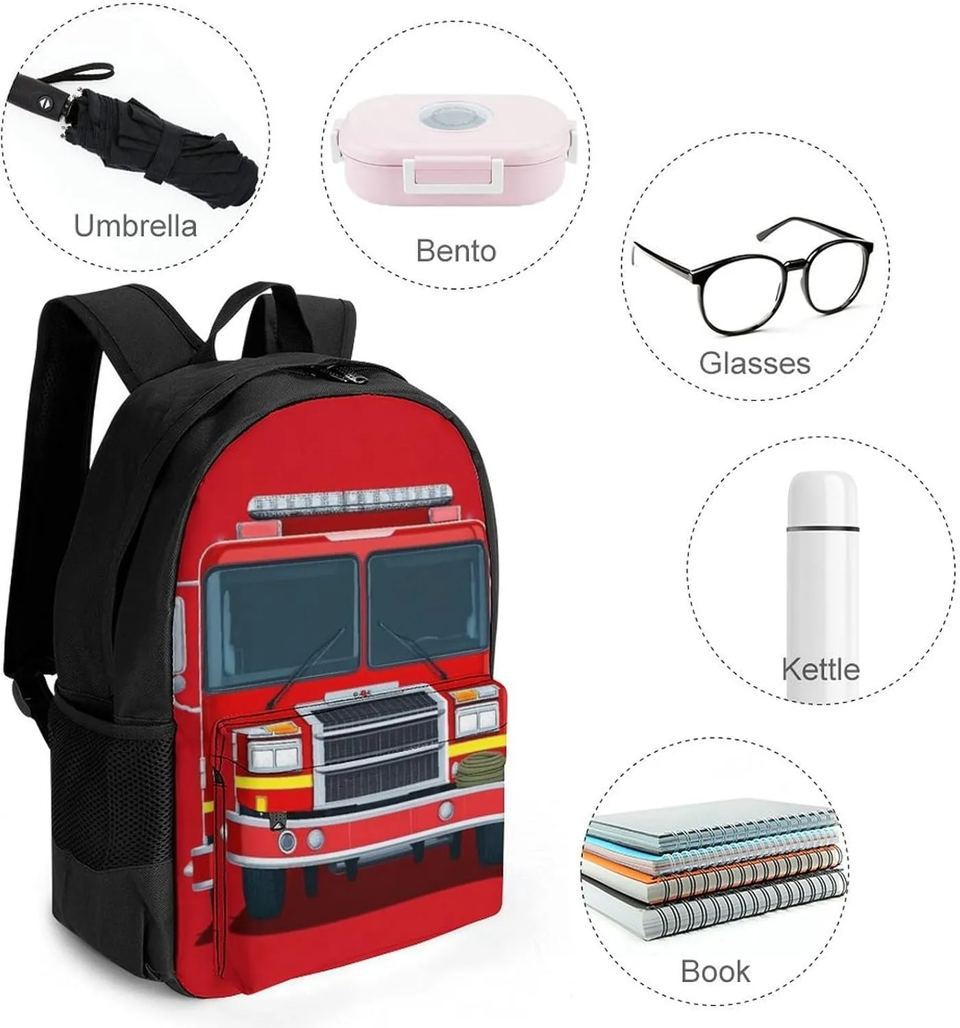 Supdreamc Polyester Daypack Bookbag for Gym Business Bicycle - Large Capacity Multipurpose Anti-Theft Carry On Bag, Cute Red Fire Truck Print Travel Hiking Daypack