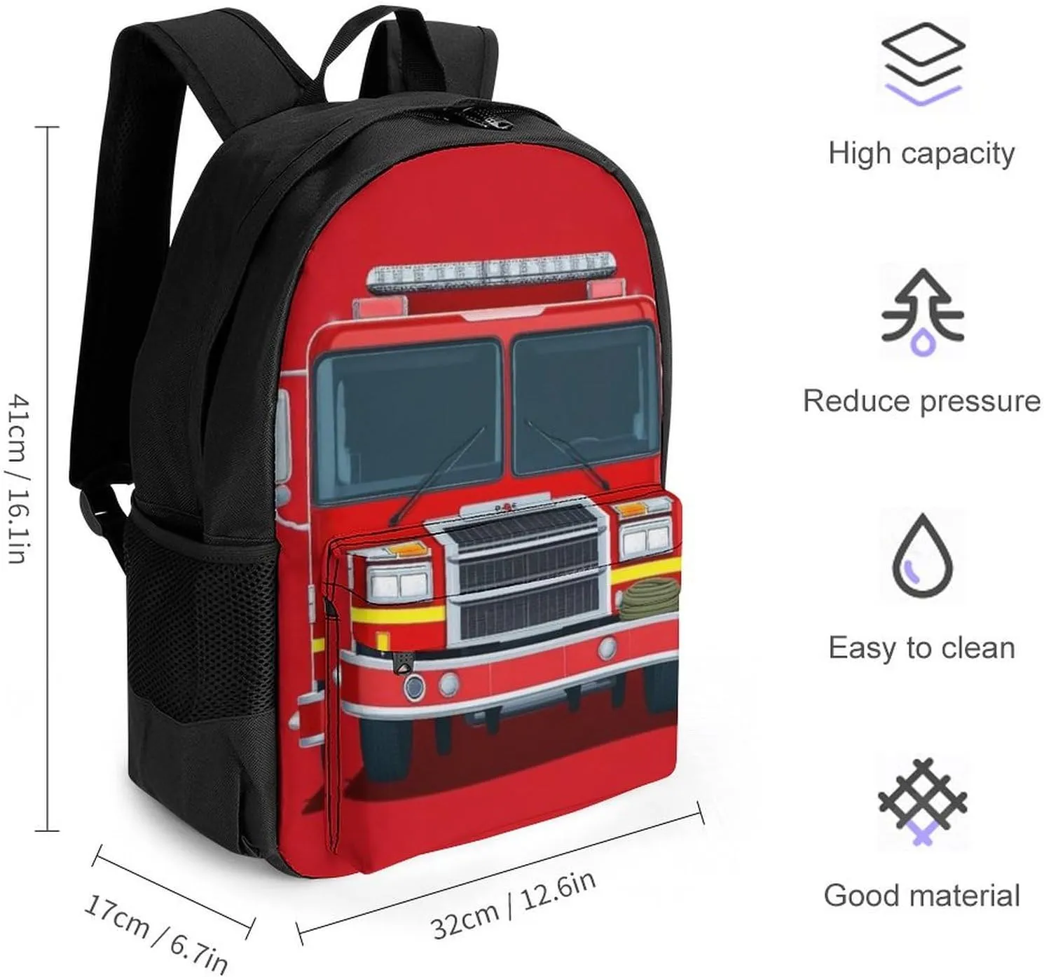 Supdreamc Polyester Daypack Bookbag for Gym Business Bicycle - Large Capacity Multipurpose Anti-Theft Carry On Bag, Cute Red Fire Truck Print Travel Hiking Daypack