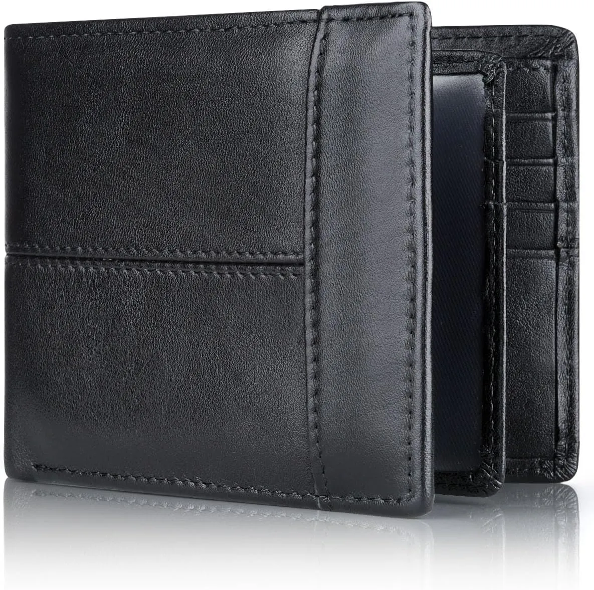 Swallowmall Leather Wallet for Mens Genuine Leather RFID Blocking Bifold Wallets with 1 ID Window 15 Card Slots