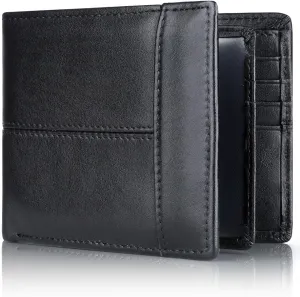 Swallowmall Leather Wallet for Mens Genuine Leather RFID Blocking Bifold Wallets with 1 ID Window 15 Card Slots