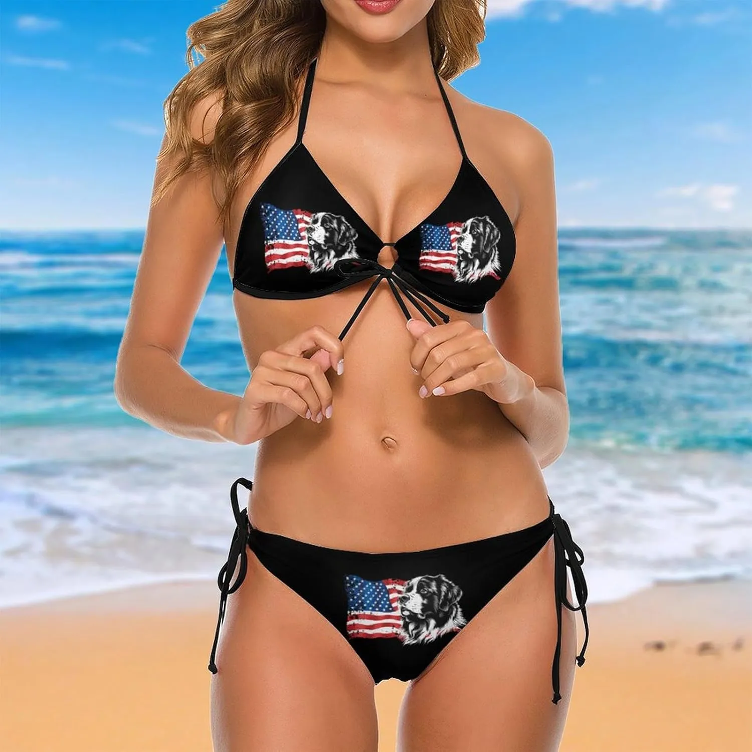 Swiss Mountain Dog American Flag Women's Halter Triangle Tie Side Bikini Set Two Piece Swimsuits