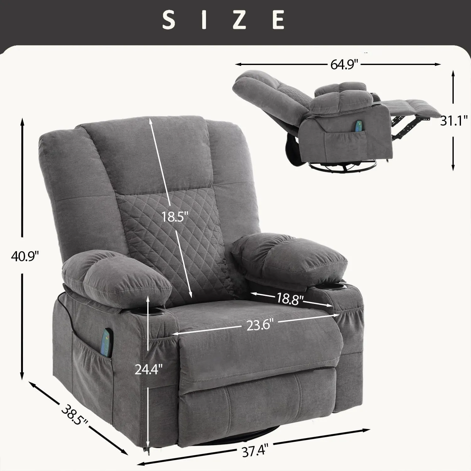 Swivel Rocker Recliner Chair for Adults with Massage Vibration, Overstuffed Soft Fabric Recliner with Heat, Modern Manual Rocking Recliner with Cup Holders, for Living Room, Home Theater(Grey)