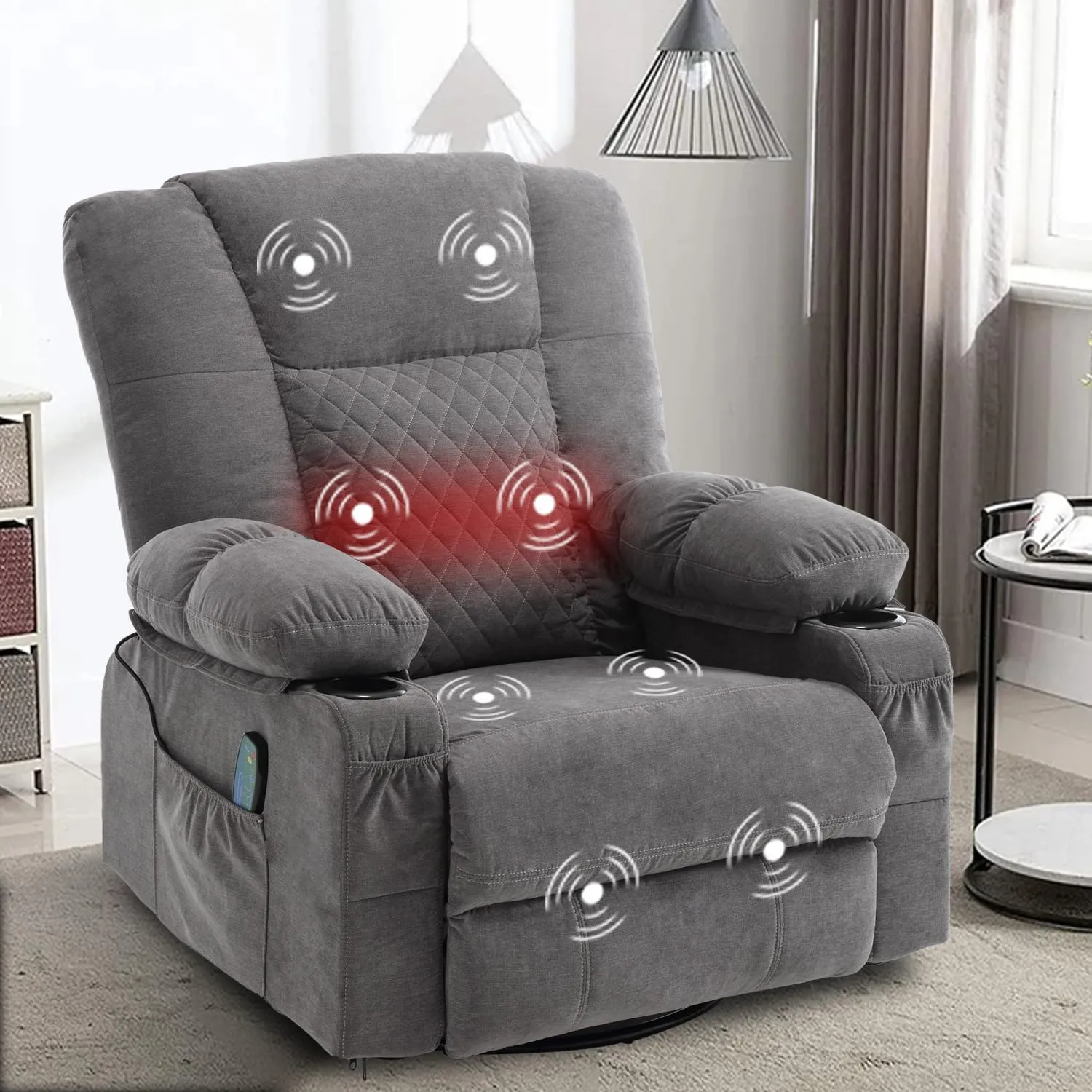 Swivel Rocker Recliner Chair for Adults with Massage Vibration, Overstuffed Soft Fabric Recliner with Heat, Modern Manual Rocking Recliner with Cup Holders, for Living Room, Home Theater(Grey)