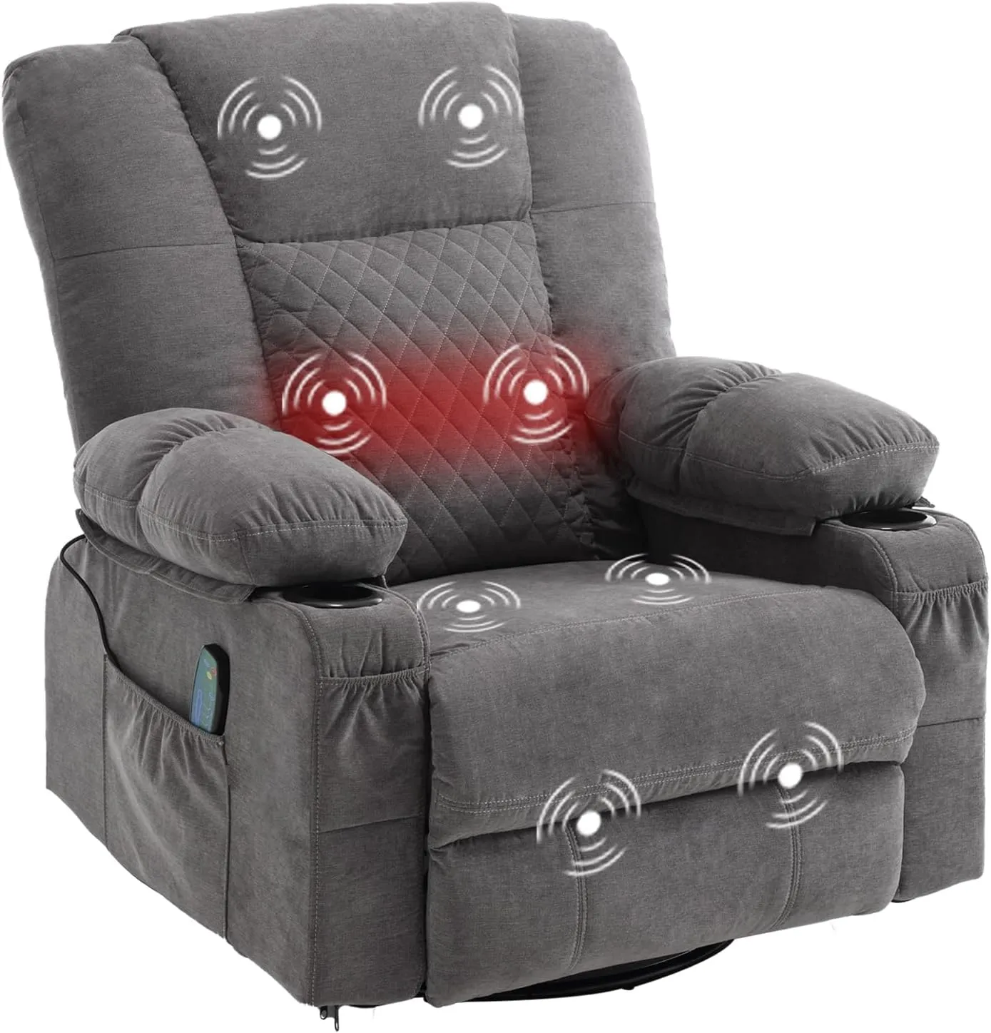 Swivel Rocker Recliner Chair for Adults with Massage Vibration, Overstuffed Soft Fabric Recliner with Heat, Modern Manual Rocking Recliner with Cup Holders, for Living Room, Home Theater(Grey)