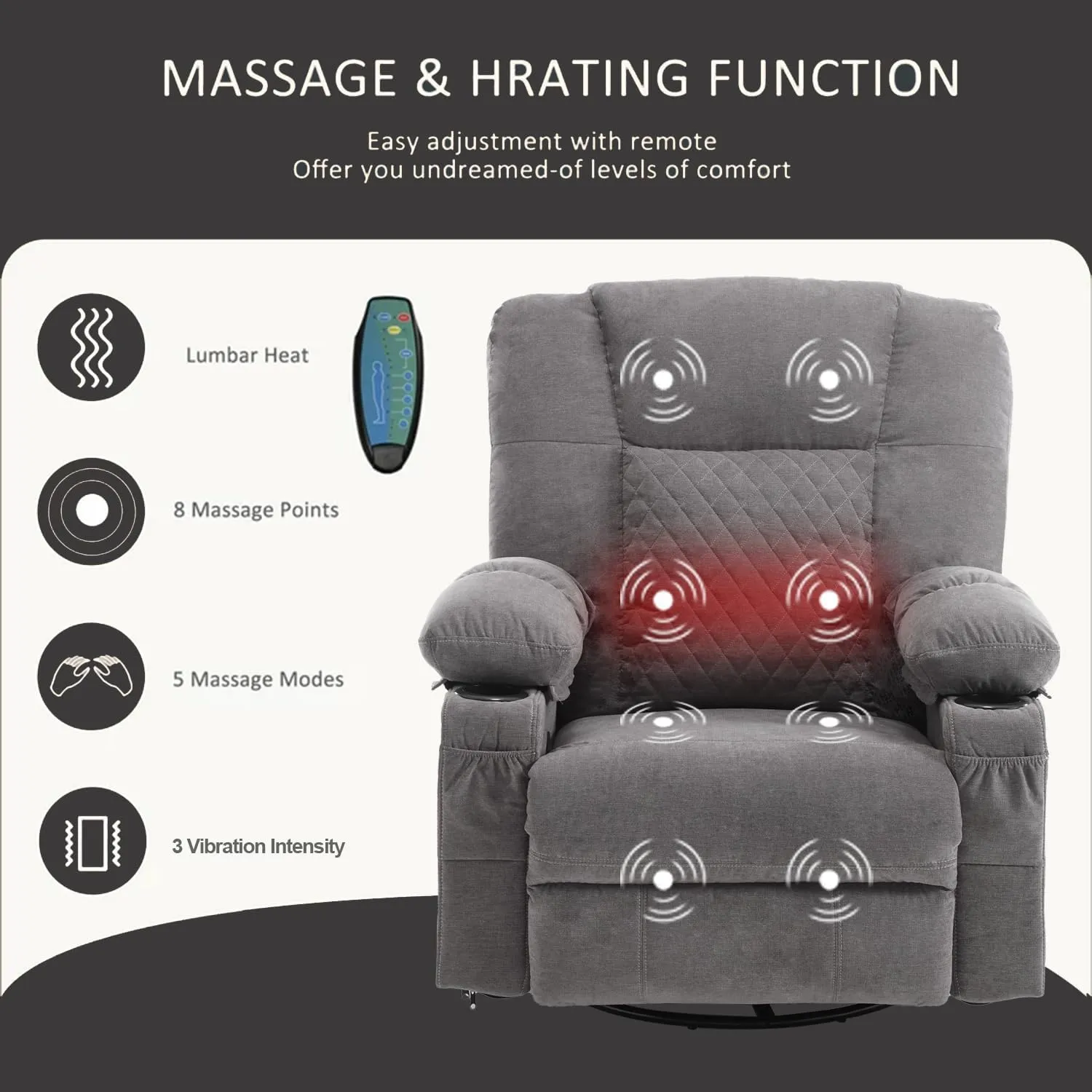 Swivel Rocker Recliner Chair for Adults with Massage Vibration, Overstuffed Soft Fabric Recliner with Heat, Modern Manual Rocking Recliner with Cup Holders, for Living Room, Home Theater(Grey)