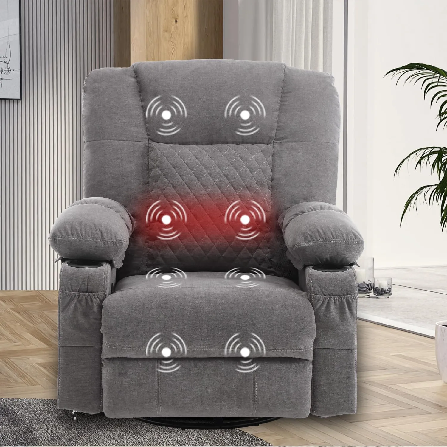 Swivel Rocker Recliner Chair for Adults with Massage Vibration, Overstuffed Soft Fabric Recliner with Heat, Modern Manual Rocking Recliner with Cup Holders, for Living Room, Home Theater(Grey)