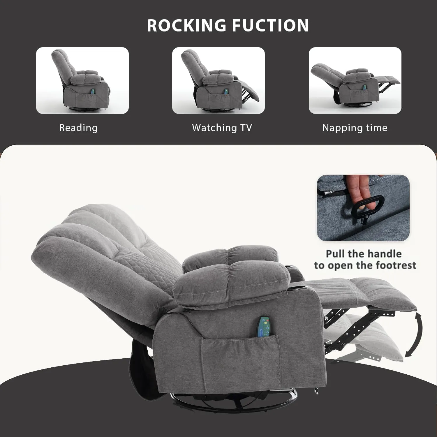 Swivel Rocker Recliner Chair for Adults with Massage Vibration, Overstuffed Soft Fabric Recliner with Heat, Modern Manual Rocking Recliner with Cup Holders, for Living Room, Home Theater(Grey)