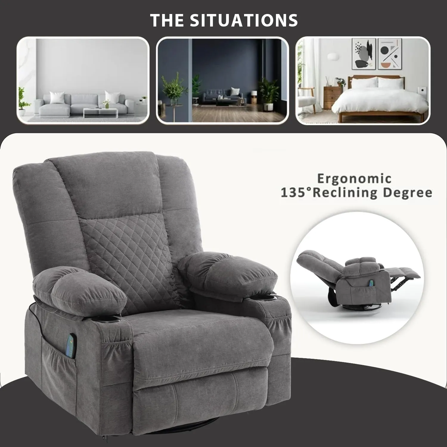 Swivel Rocker Recliner Chair for Adults with Massage Vibration, Overstuffed Soft Fabric Recliner with Heat, Modern Manual Rocking Recliner with Cup Holders, for Living Room, Home Theater(Grey)