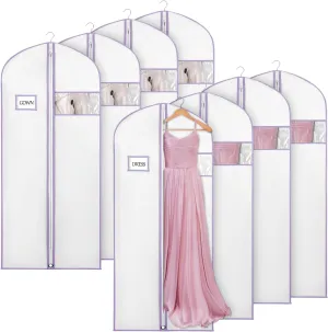 Syeeiex 60'' Dress Bags for Gown, Set of 8 Garment Bags for Hanging Clothes, Dress Covers Garment Bags, Dress Garment Bag for Gown, Evening Dresses, Fur Coat, Long Dress(White & Purple)