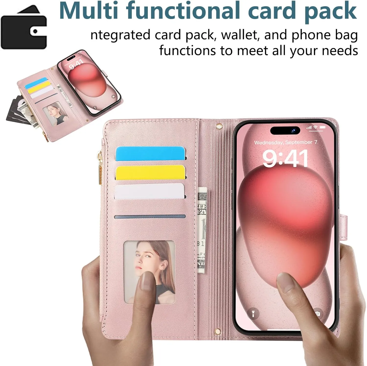 SZHAIYU Zipper Wallet Handbag Purse Compatible with iPhone 16 Pro Max Crossbody Case with Credit Card Holder Wrist Strap Lanyard Women 6.9'' Flip Faux Leather (Pink,IP 16 Pro Max)