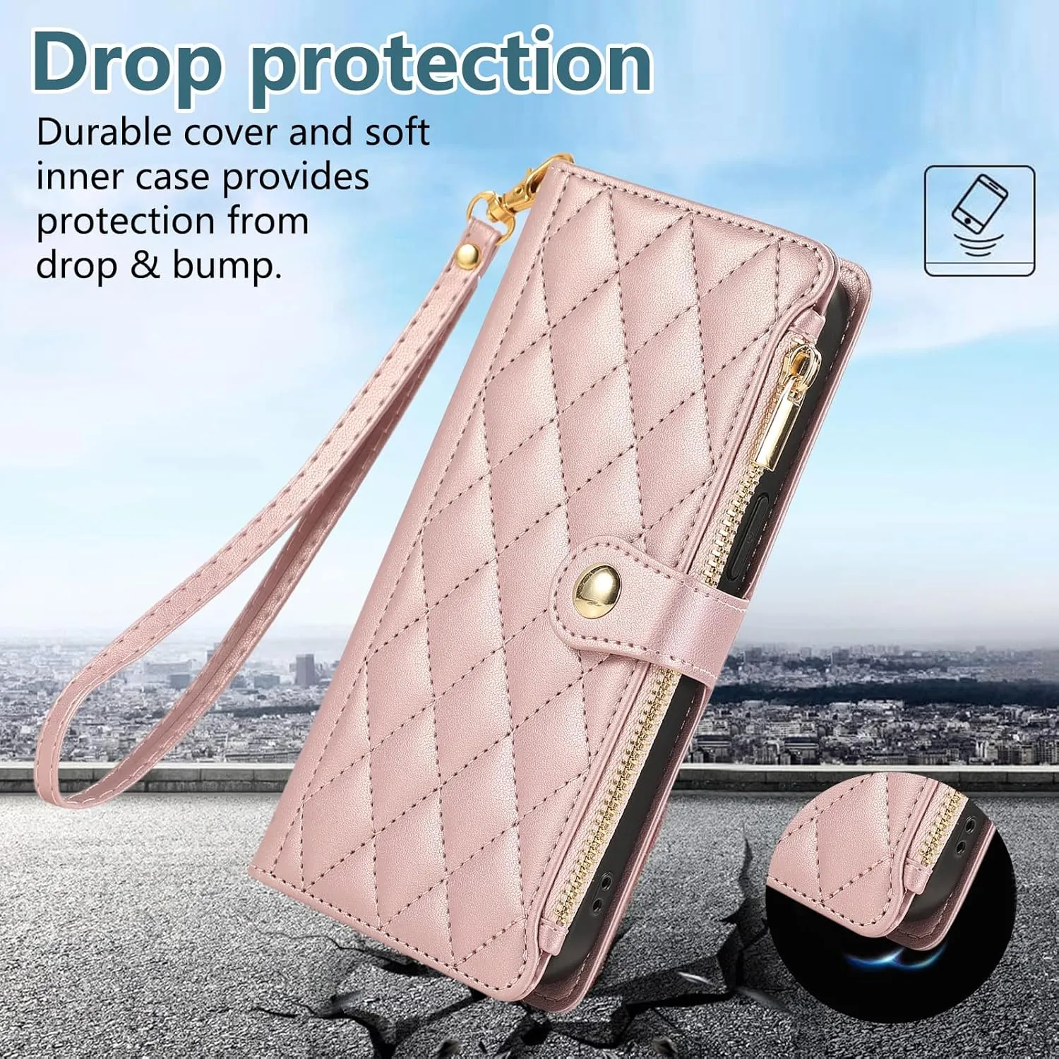 SZHAIYU Zipper Wallet Handbag Purse Compatible with iPhone 16 Pro Max Crossbody Case with Credit Card Holder Wrist Strap Lanyard Women 6.9'' Flip Faux Leather (Pink,IP 16 Pro Max)