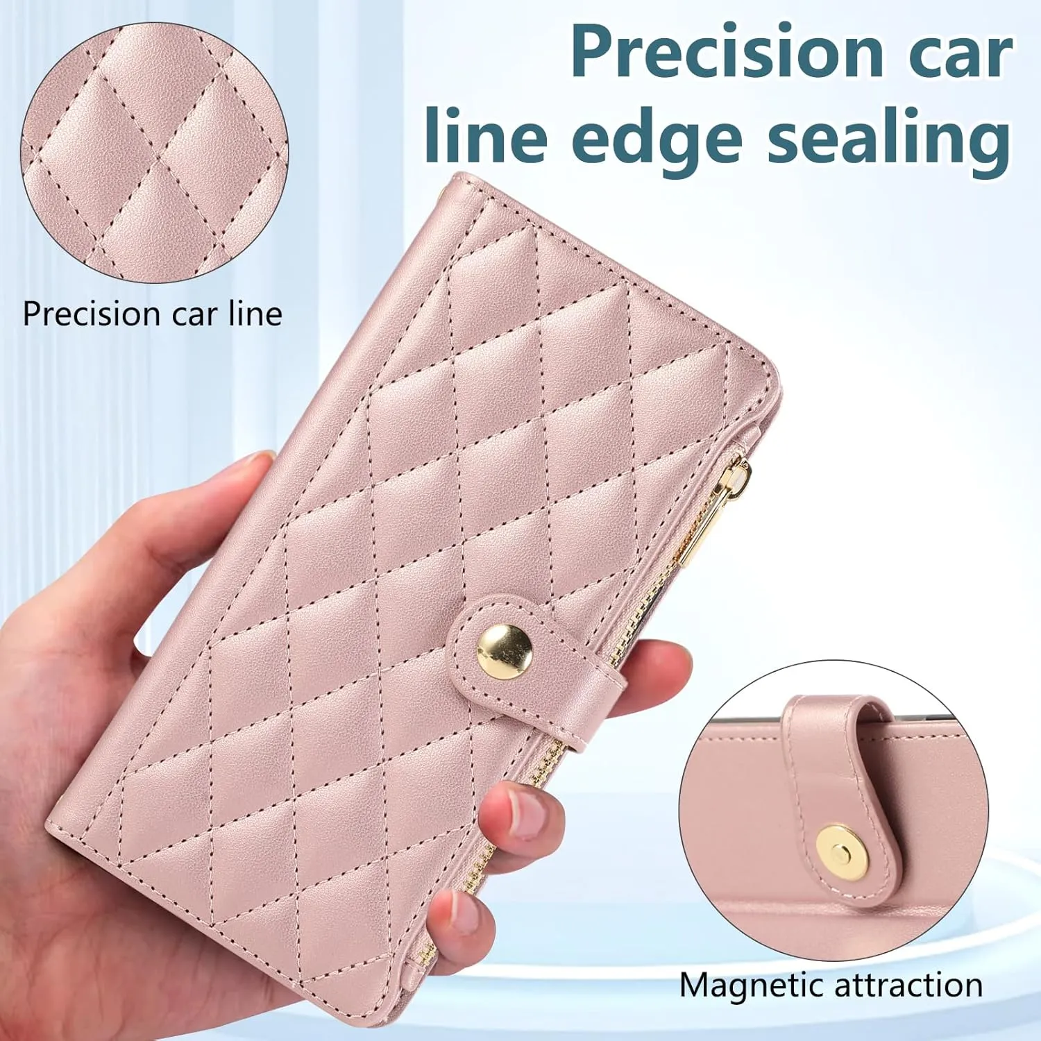 SZHAIYU Zipper Wallet Handbag Purse Compatible with iPhone 16 Pro Max Crossbody Case with Credit Card Holder Wrist Strap Lanyard Women 6.9'' Flip Faux Leather (Pink,IP 16 Pro Max)