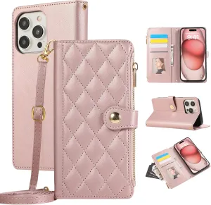 SZHAIYU Zipper Wallet Handbag Purse Compatible with iPhone 16 Pro Max Crossbody Case with Credit Card Holder Wrist Strap Lanyard Women 6.9'' Flip Faux Leather (Pink,IP 16 Pro Max)