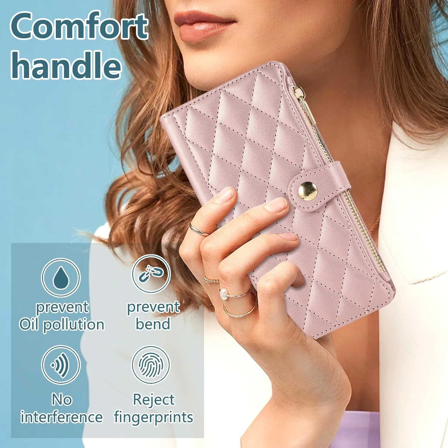 SZHAIYU Zipper Wallet Handbag Purse Compatible with iPhone 16 Pro Max Crossbody Case with Credit Card Holder Wrist Strap Lanyard Women 6.9'' Flip Faux Leather (Pink,IP 16 Pro Max)