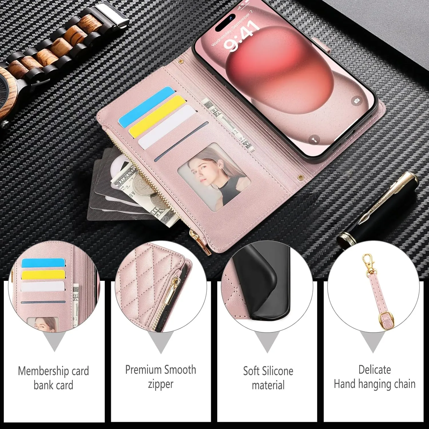 SZHAIYU Zipper Wallet Handbag Purse Compatible with iPhone 16 Pro Max Crossbody Case with Credit Card Holder Wrist Strap Lanyard Women 6.9'' Flip Faux Leather (Pink,IP 16 Pro Max)