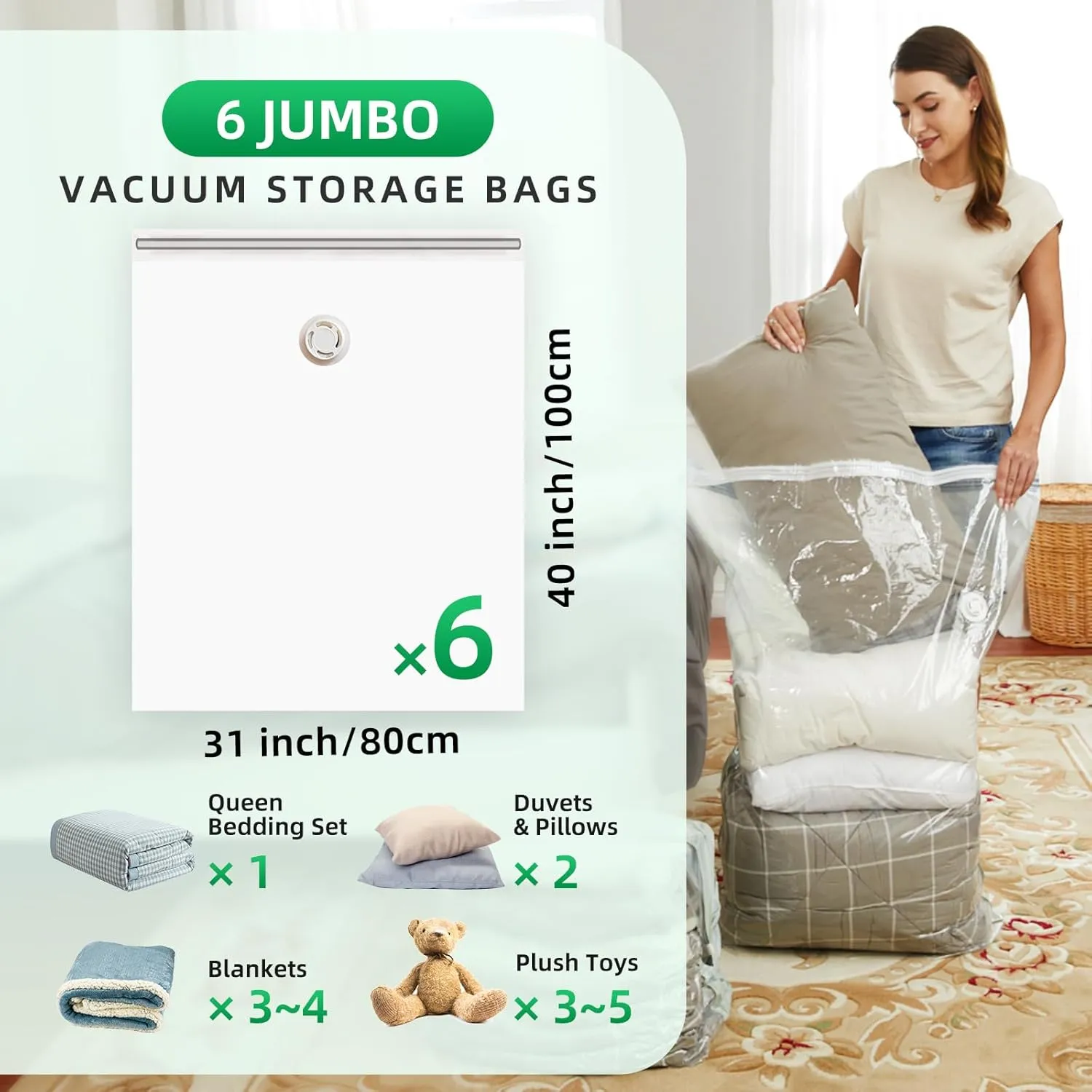 TAILI 6 Pack Vacuum Storage Bags, Jumbo Vacuum Seal Bags for Clothing (40x31 Inch), Space Saving for Bulky Bedding, Comforters and Blankets, Extra Large Closet Storage and Organization
