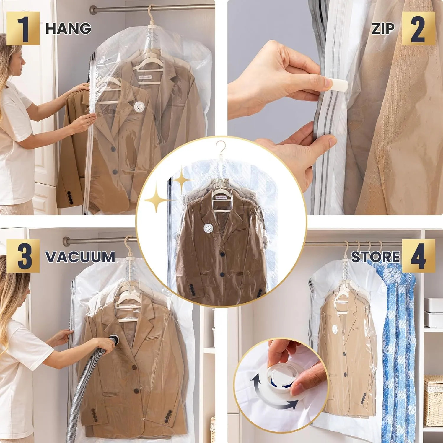 TAILI Hanging Vacuum Storages Sealer Space Saver Bags, Compression Garment Bags for Coat, Jacket, and Suit, Closet Organizer, 4 Pack Jumbo Multicolor