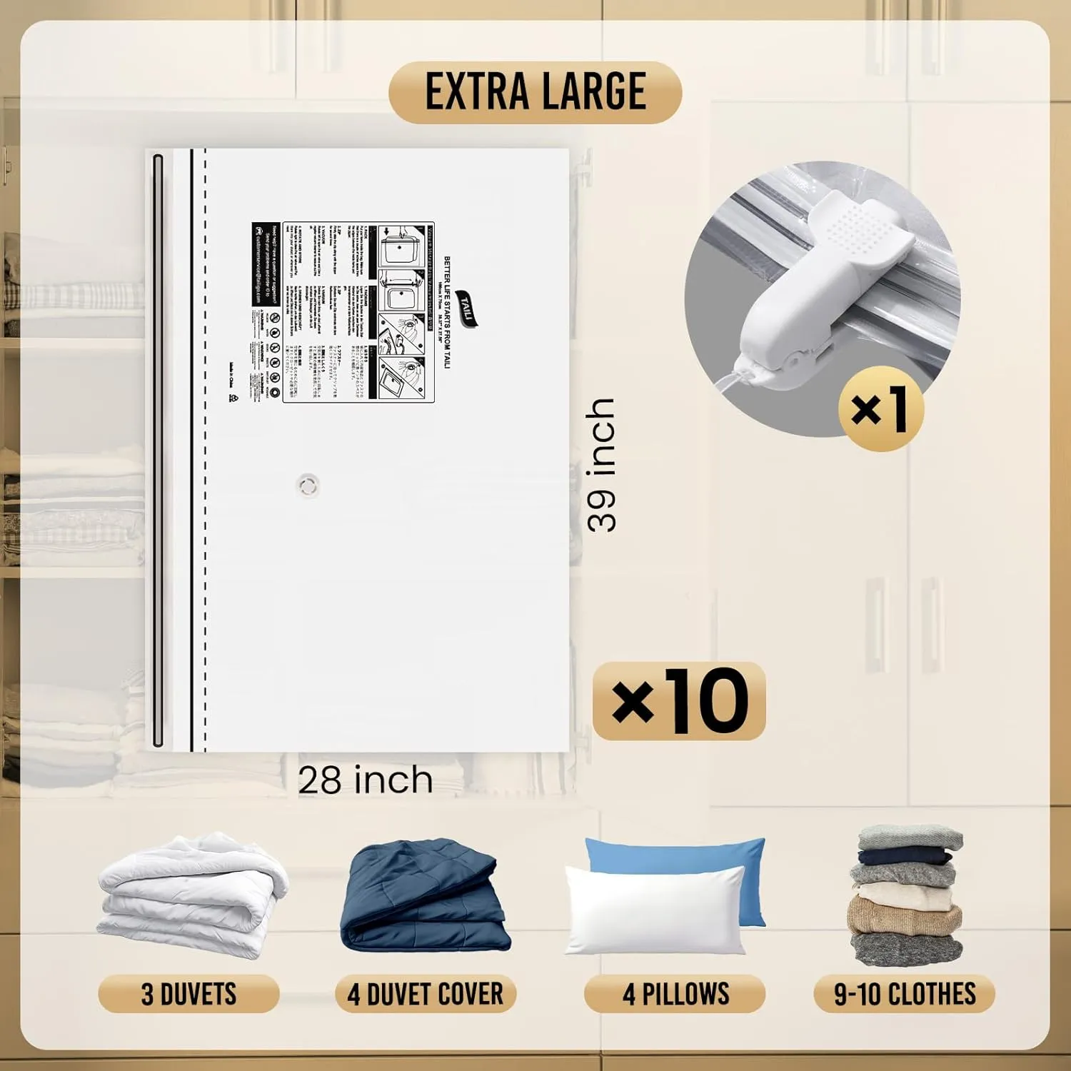 TAILI-LONG SIDE ZIP 10 Pack Vacuum Storage Bags, Vacuum Seal Bags for Clothing(39x28 inches), Jumbo Storage Space Saver for Beddings, Comforters, Blanket, Pillows and Clothes