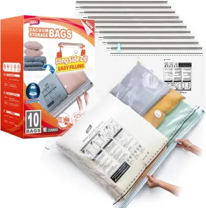 TAILI-LONG SIDE ZIP 10 Pack Vacuum Storage Bags, Vacuum Seal Bags for Clothing(39x28 inches), Jumbo Storage Space Saver for Beddings, Comforters, Blanket, Pillows and Clothes