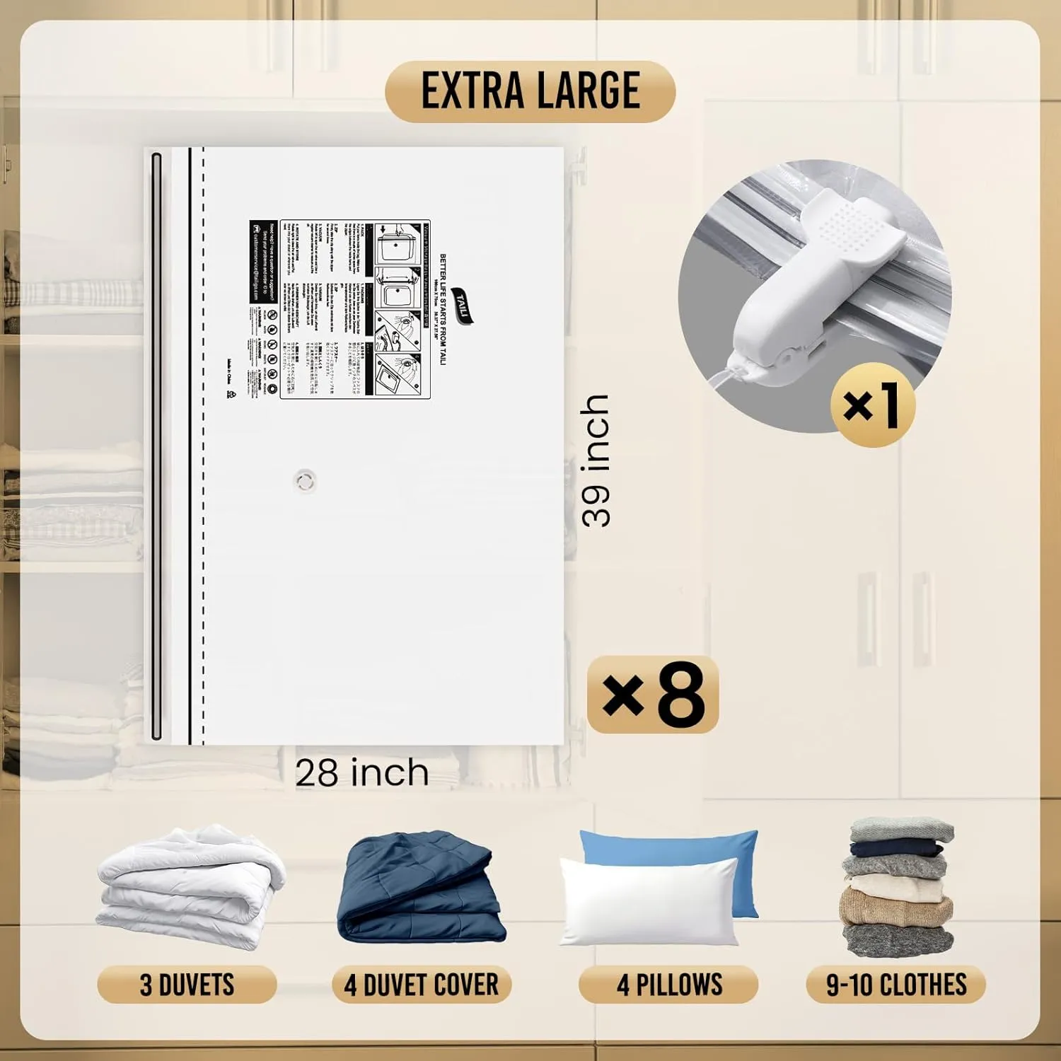 TAILI-LONG SIDE ZIP 8 Pack Vacuum Storage Bags, Vacuum Seal Bags for Clothing(39x28 inches), Jumbo Storage Space Saver for Beddings, Comforters, Blanket, Pillows and Clothes