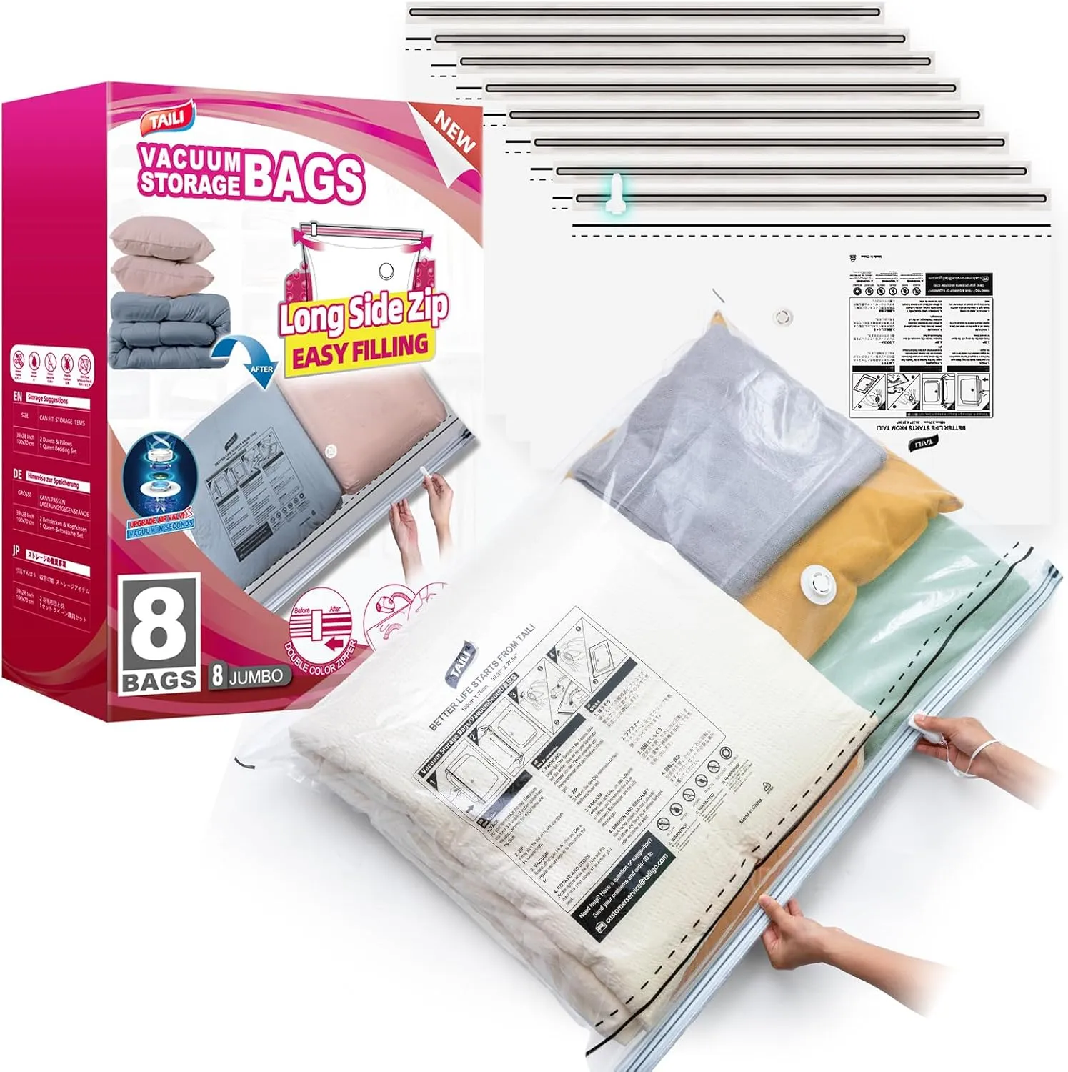 TAILI-LONG SIDE ZIP 8 Pack Vacuum Storage Bags, Vacuum Seal Bags for Clothing(39x28 inches), Jumbo Storage Space Saver for Beddings, Comforters, Blanket, Pillows and Clothes