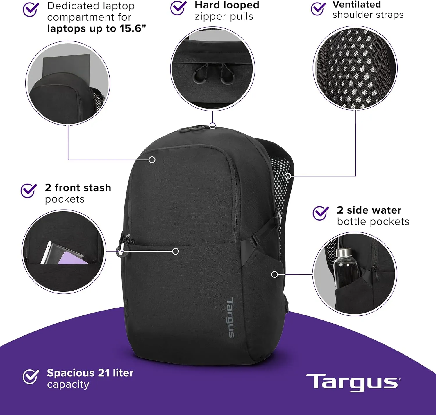 Targus Laptop Backpack Zero Waste EcoSmart Work Travel Backpack for Men Women Eco Friendly with Laptop Protection Made From 20 Recycled Water Bottles, Black (TBB641GL)