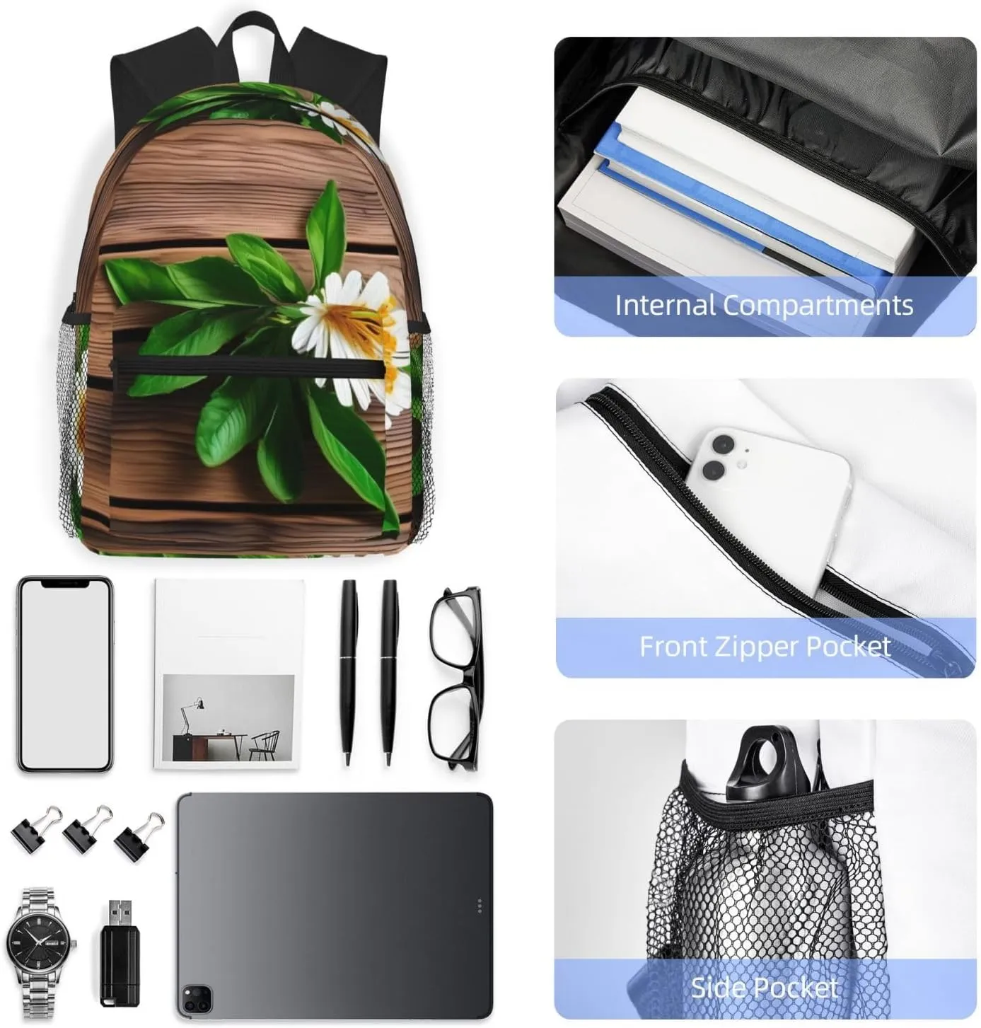 Teal Flower on Plank Backpack Cute Print Bookbag Women Travel Casual Water-resistant Backpack Travel Bag bags