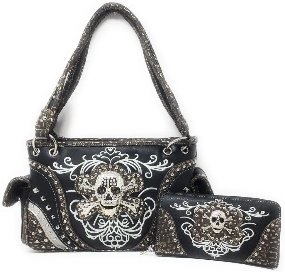 Texas West Rhinestone Embroidered Metal Skull Leather Women Handbag With Matching Wallet 6 colors