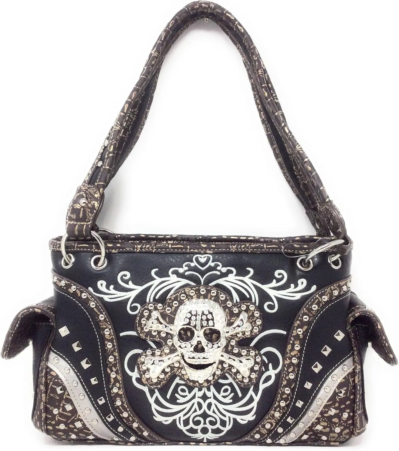 Texas West Rhinestone Embroidered Metal Skull Leather Women Handbag With Matching Wallet 6 colors