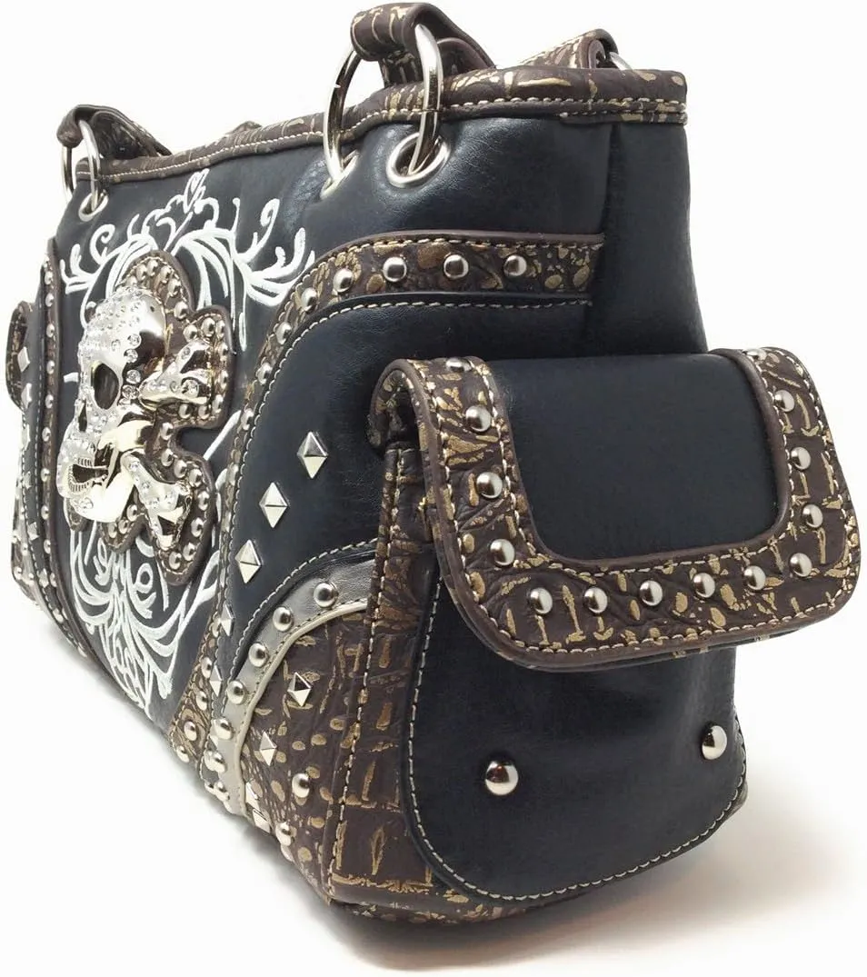 Texas West Rhinestone Embroidered Metal Skull Leather Women Handbag With Matching Wallet 6 colors