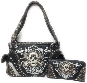 Texas West Rhinestone Embroidered Metal Skull Leather Women Handbag With Matching Wallet 6 colors