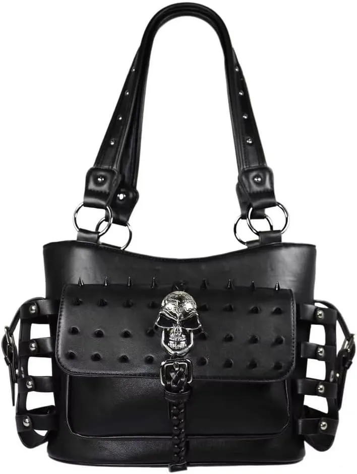 Texas West Western Rhinestone Skull Rivet Bones Skeleton Purse Handbag (Black)