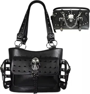 Texas West Western Rhinestone Skull Rivet Bones Skeleton Purse Handbag (Black)