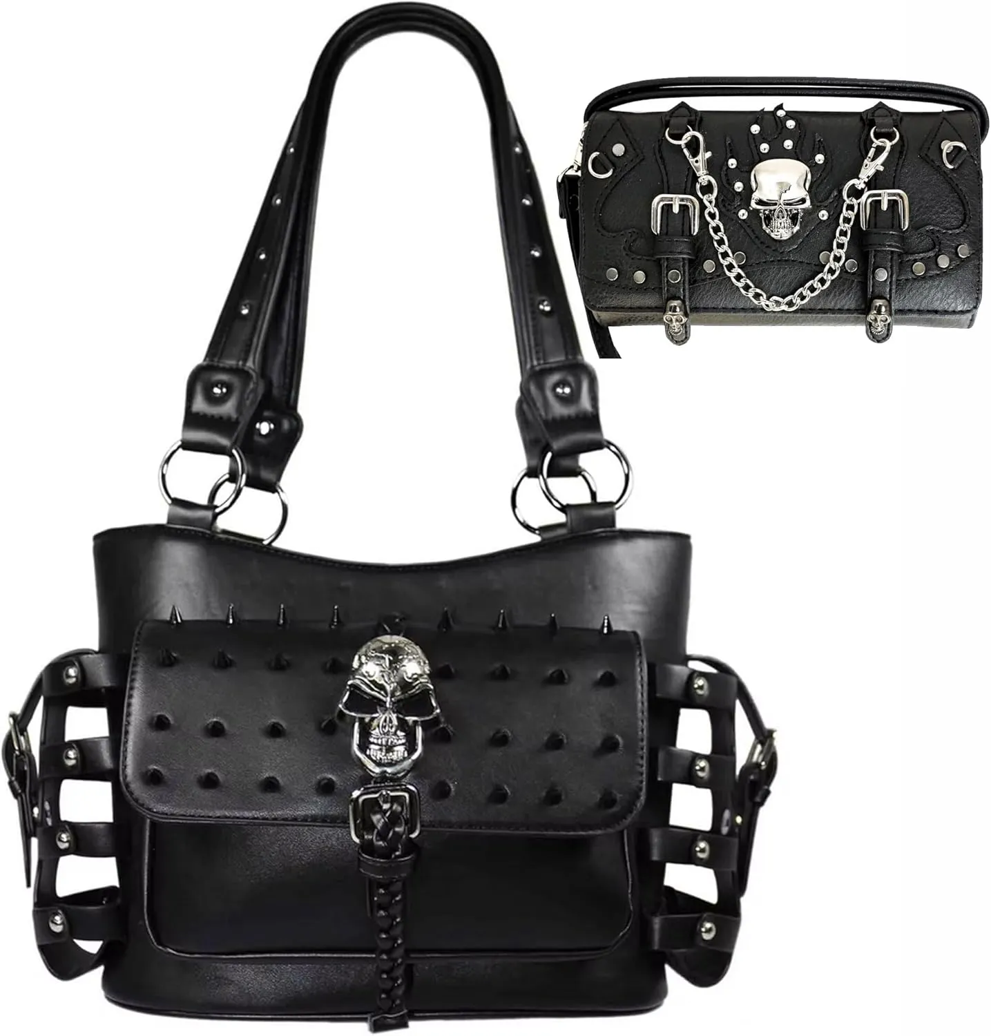Texas West Western Rhinestone Skull Rivet Bones Skeleton Purse Handbag (Black)