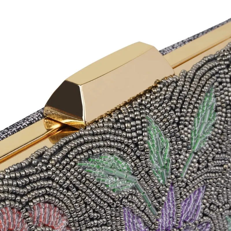 THE CLOWNFISH Anmol Collection Womens Party Clutch Ladies Wallet with Chain Strap Evening Sling Bag with Fashionable Beads Work Floral Design (Dark Grey)