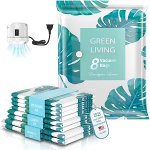 Thicken Vacuum Storage Bags with Electric Air Pump, Vacuum Sealer Bags, Air Compression Space Saver Bags for Clothes, Blanket, Duvets, Pillows, Comforters, Travel (8 Packs)