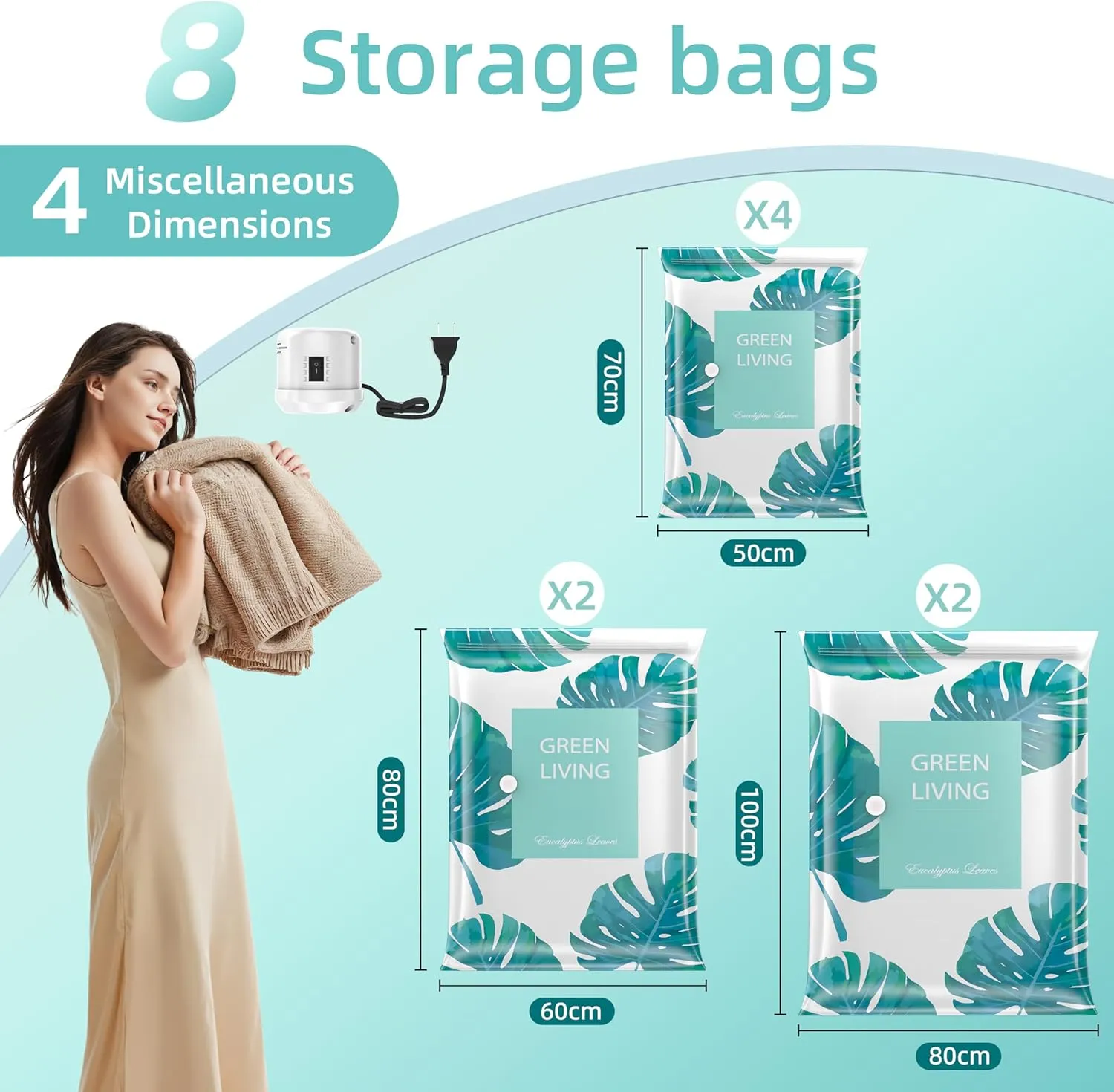 Thicken Vacuum Storage Bags with Electric Air Pump, Vacuum Sealer Bags, Air Compression Space Saver Bags for Clothes, Blanket, Duvets, Pillows, Comforters, Travel (8 Packs)
