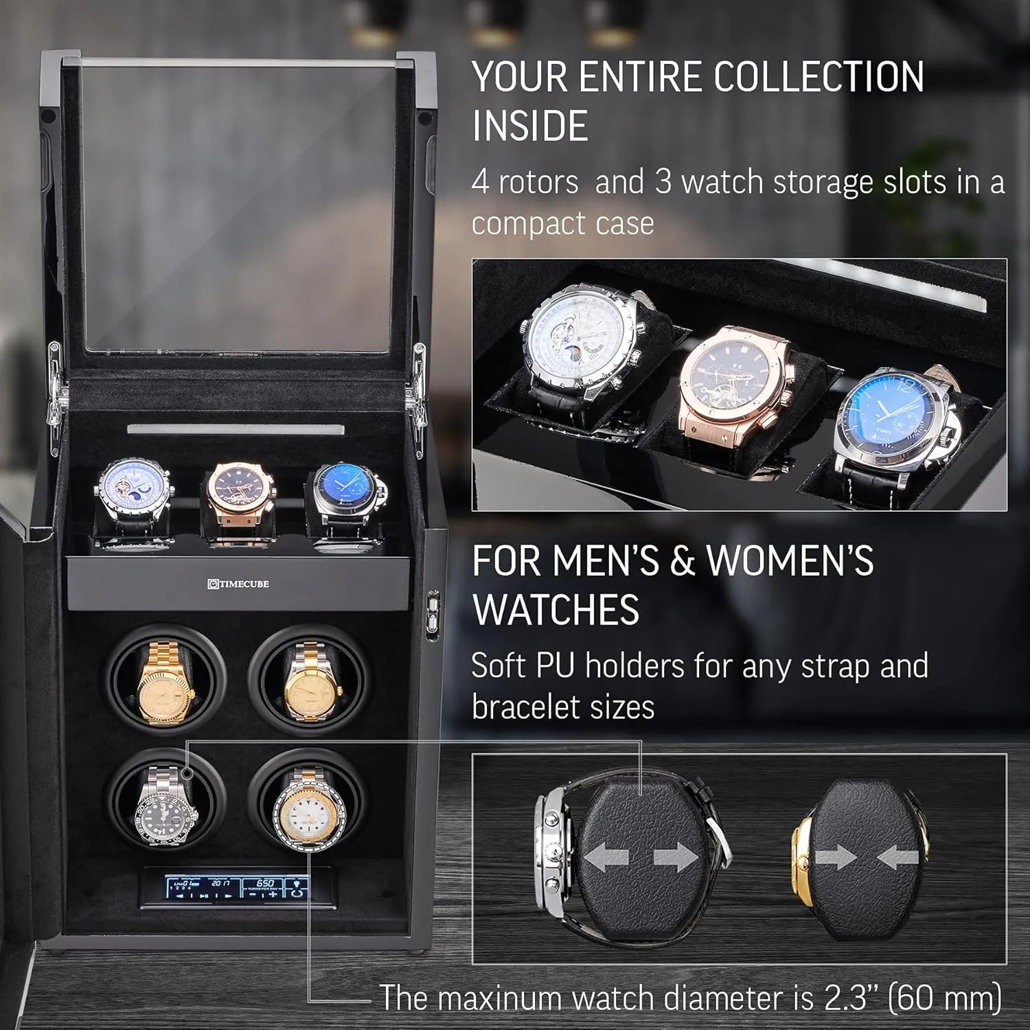 TIMECUBE Watch Winder for 4 Watches with 15 Winding Programs and 3 Watch Storage Slots