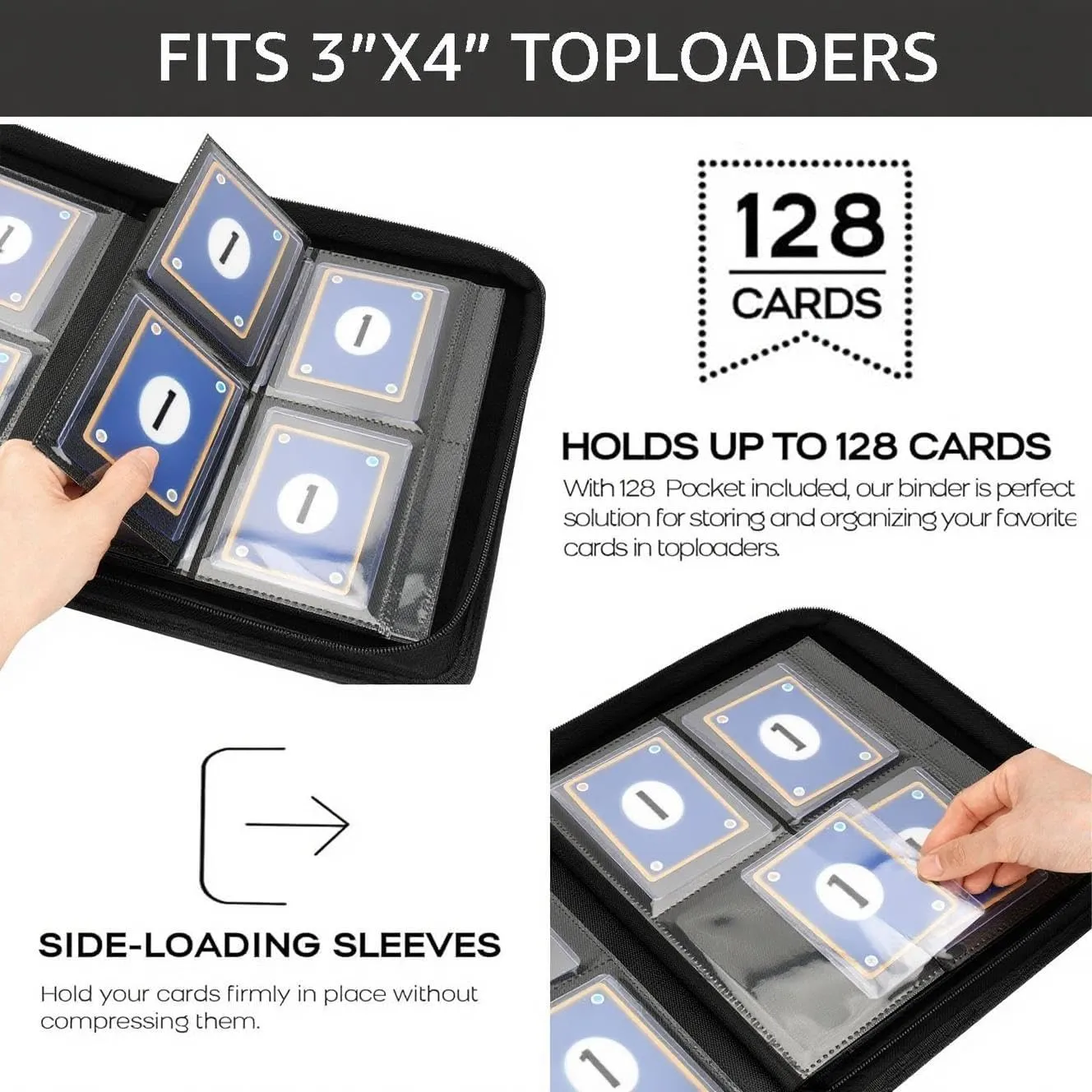 Top Loader Binder 4 Pocket, PU Leather 2x2 Toploader Binder for Toploaders Storage, Side-Loading Great Gift for Trading Cards Collector - Holds 128 Top Loaders (Black)
