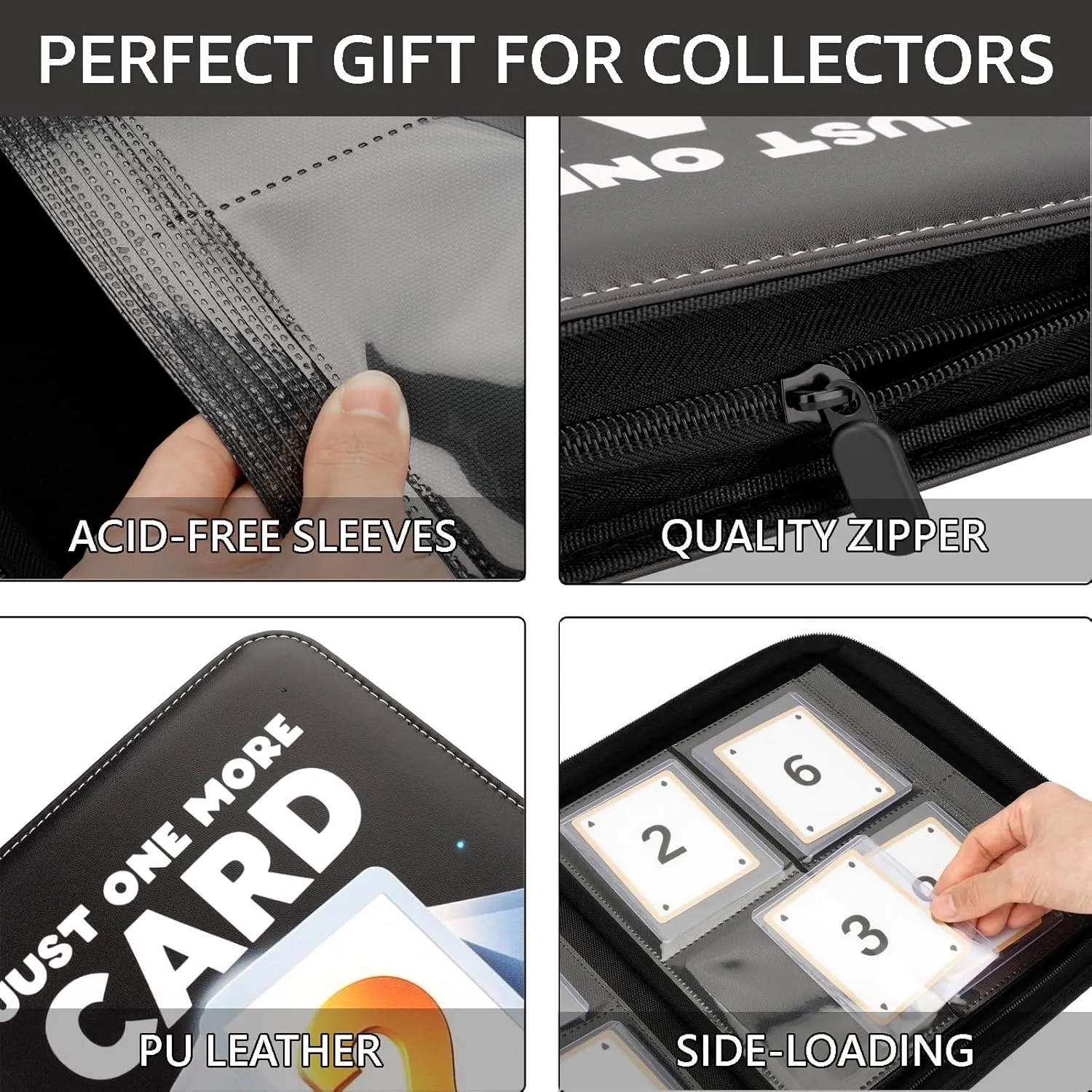 Top Loader Binder 4 Pocket, PU Leather 2x2 Toploader Binder for Toploaders Storage, Side-Loading Great Gift for Trading Cards Collector - Holds 128 Top Loaders (Black)