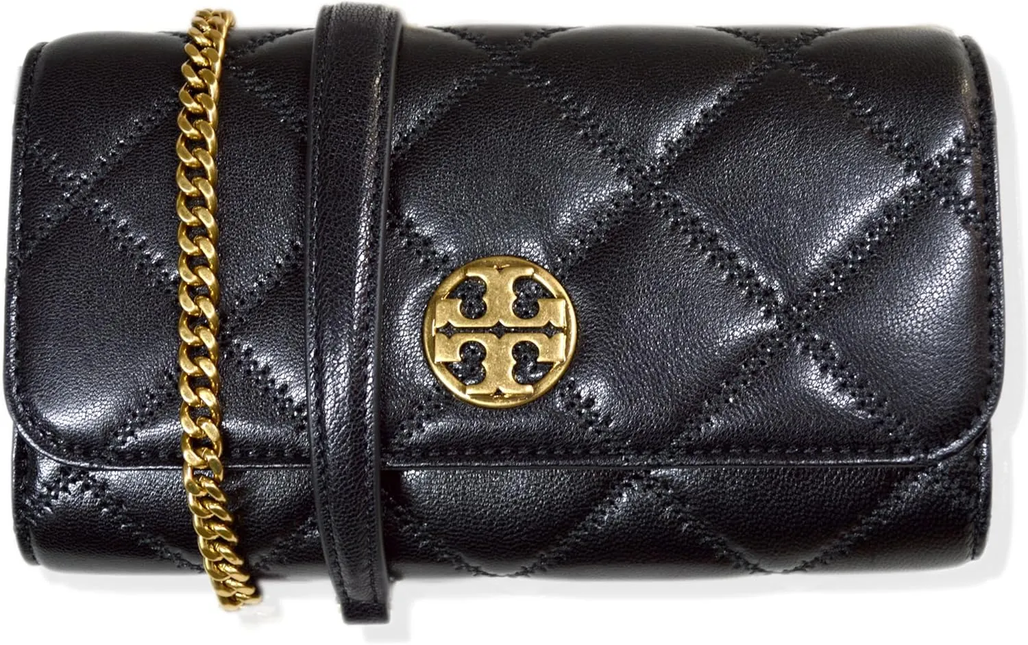 Tory Burch Womens 150076 Willa Diamond Quilted Soft Leather Crossbody Chain Wallet Bag, (001 Black)