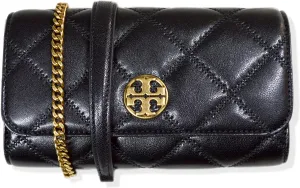 Tory Burch Womens 150076 Willa Diamond Quilted Soft Leather Crossbody Chain Wallet Bag, (001 Black)